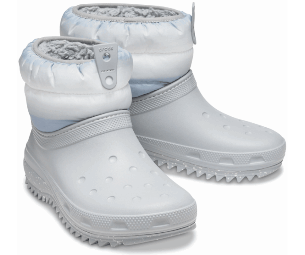 Crocs Sieviešu Klasiskie Neo Puff Shorty Zābaki Gaiši Pelēki Balti